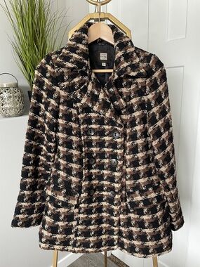 Old Navy, Brown/Black/Cream Houndstooth Bouclé Coat, Size S